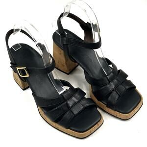 Paul Green Tina Black Leather Cork Heel Sandals Womens US 8 UK 5.5 Slingback New